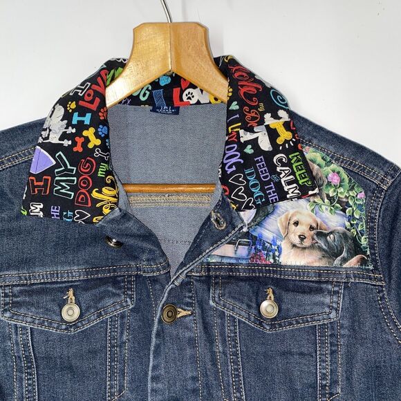 Custom Embellished Jean Jacket Dog Lovers Dark Wash Sheltie Spaniel Horse Small - Picture 6 of 12